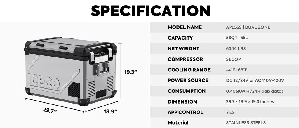 Inca Overland Outfitters APL55 dual zone 12V fridge by ICECO, silver 55-liter portable fridge for camping and outdoor use