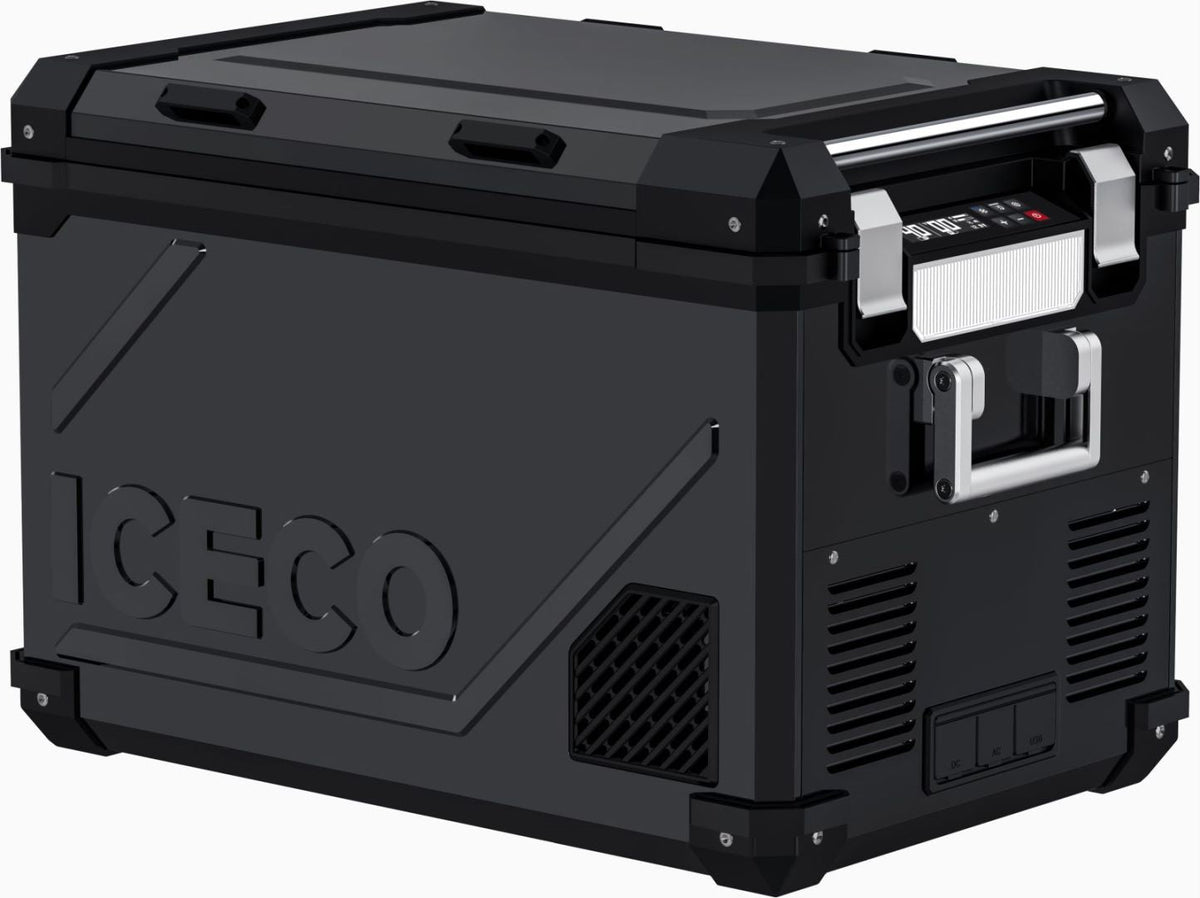 Inca Overland Outfitters ICECO APL55 dual zone 12V fridge in silver, 55-liter capacity, designed for vehicle use.