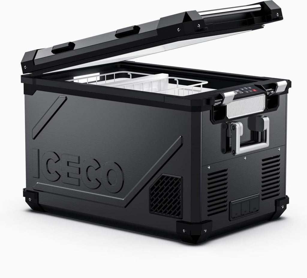 Inca Overland Outfitters APL55 Dual Zone 12V fridge in silver, 55-liter capacity with Iceco branding, designed for travel and camping.