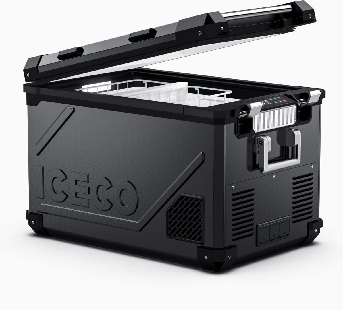 Inca Overland Outfitters APL55 Dual Zone 12V fridge in silver, 55-liter capacity with Iceco branding, designed for travel and camping.