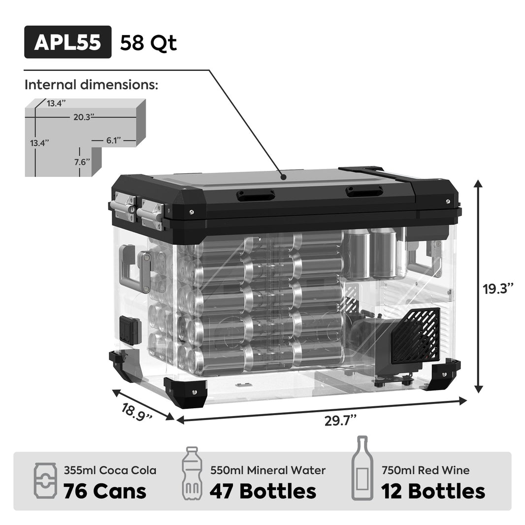 Inca Overland Outfitters APL55 Dual Zone 12V fridge in silver, 55-liter capacity with dual compartments for versatile cooling.