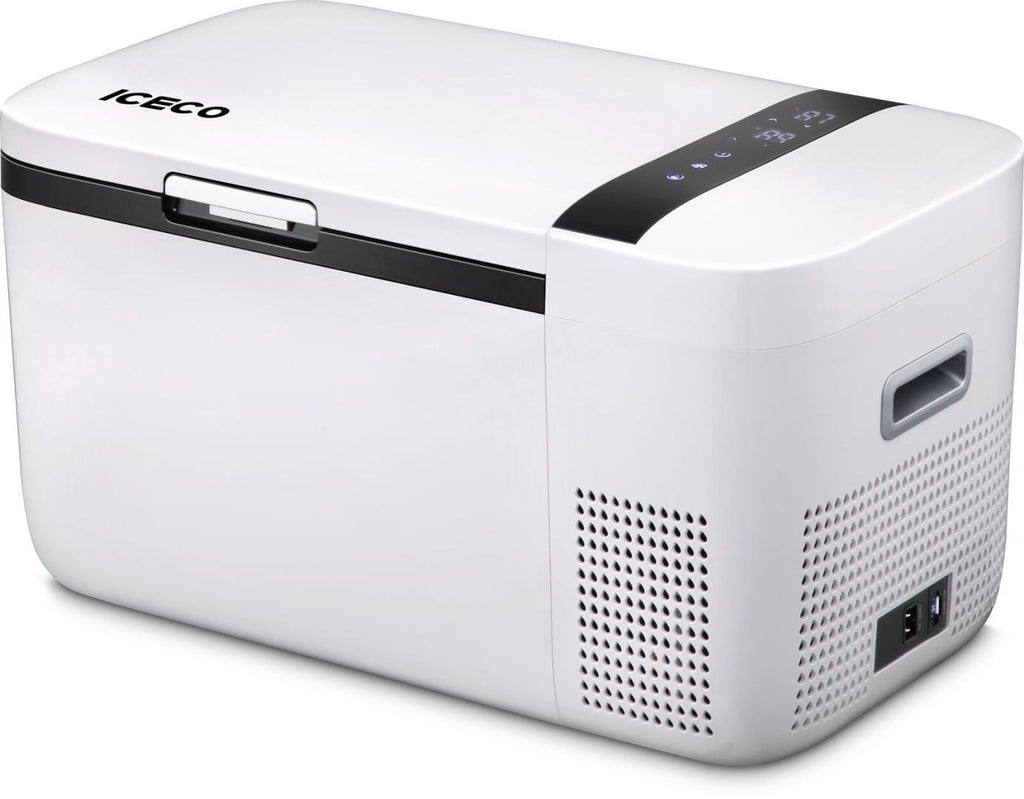 Inca Overland Outfitters GO20 Dual Zone 12V Portable Freezer in white, showing dual compartments and compact design for travel.