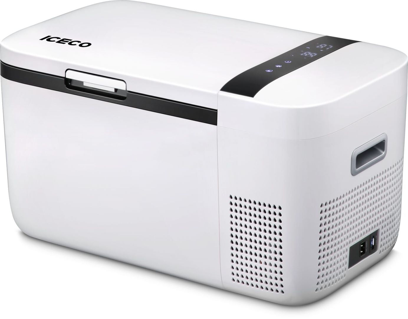 Inca Overland Outfitters GO20 Dual Zone 12V Portable Freezer in white, showing dual compartments and compact design for travel.