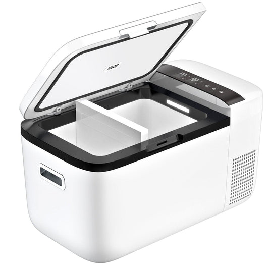 GO20 Dual Zone 12V Portable Freezer in white by ICECO, 20-liter capacity with separate cooling zones.