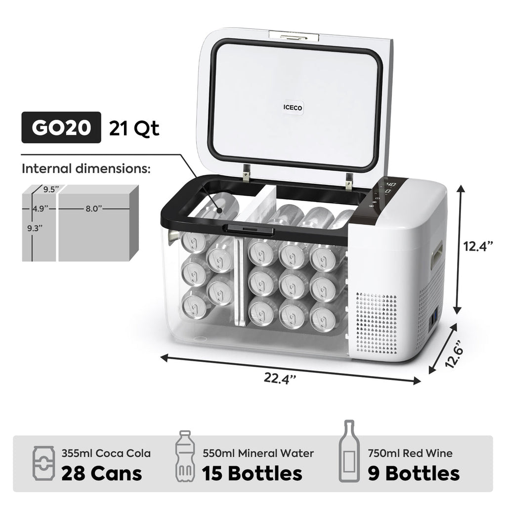 Inca Overland Outfitters GO20 Dual Zone 12V Portable Freezer in white, with two compartments and digital controls.
