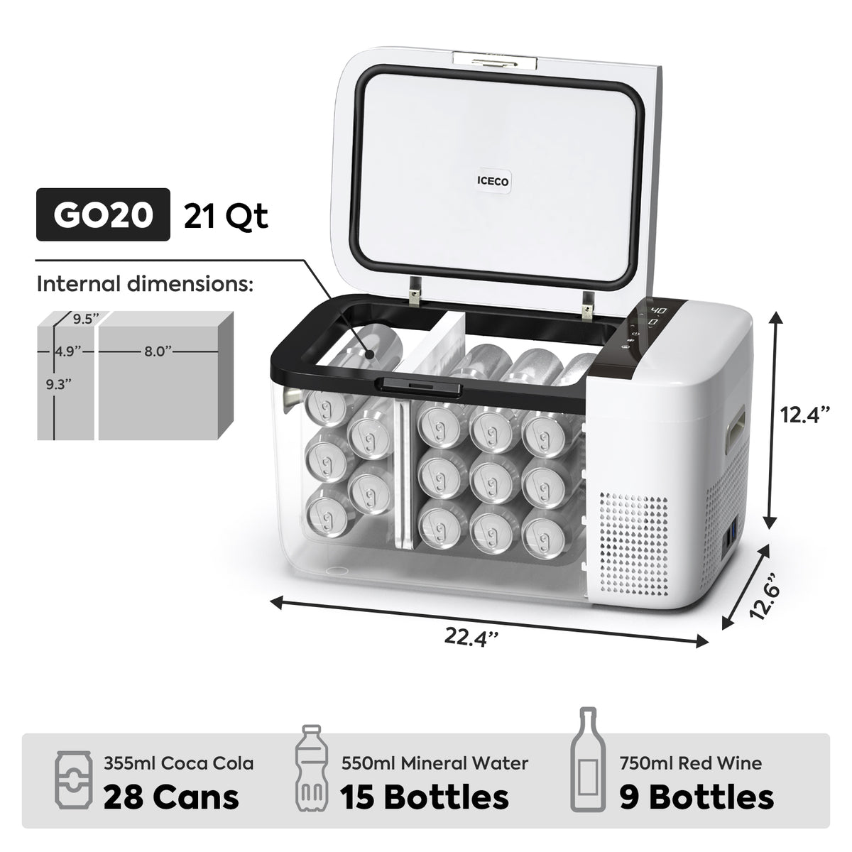 Inca Overland Outfitters GO20 Dual Zone 12V Portable Freezer in white, with two compartments and digital controls.