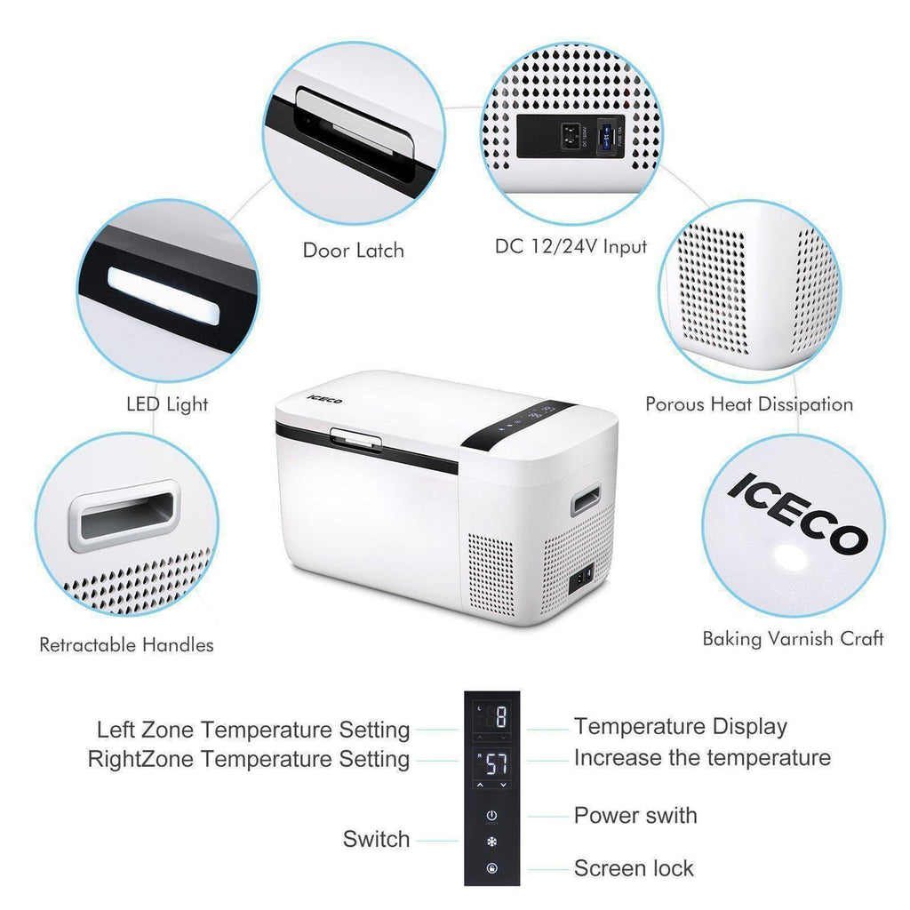 Inca Overland Outfitters GO20 Dual Zone 12V Portable Freezer in white, 20L capacity, designed for outdoor use by ICECO.