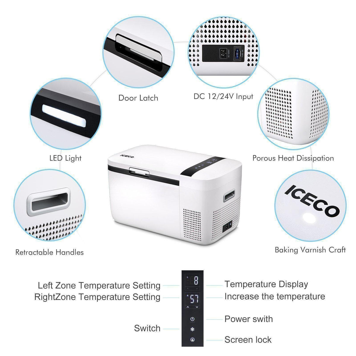 Inca Overland Outfitters GO20 Dual Zone 12V Portable Freezer in white, 20L capacity, designed for outdoor use by ICECO.