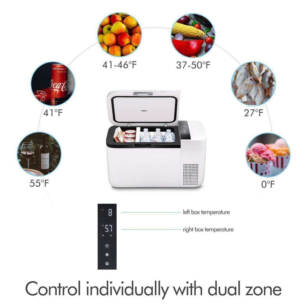 Inca Overland Outfitters GO20 Dual Zone 12V portable freezer in white, 20L capacity, ideal for travel and outdoor use.