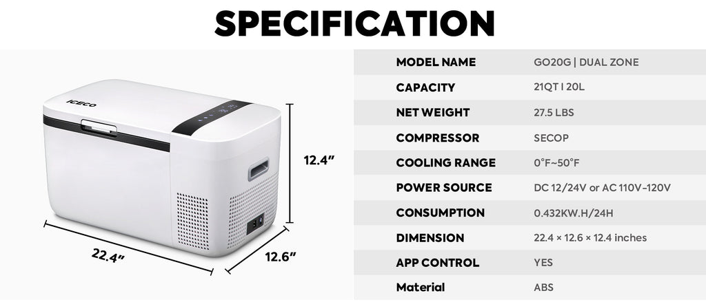 Inca Overland Outfitters GO20 Dual Zone 12V Portable Freezer in white, 20-liter capacity with dual zones for versatile cooling.