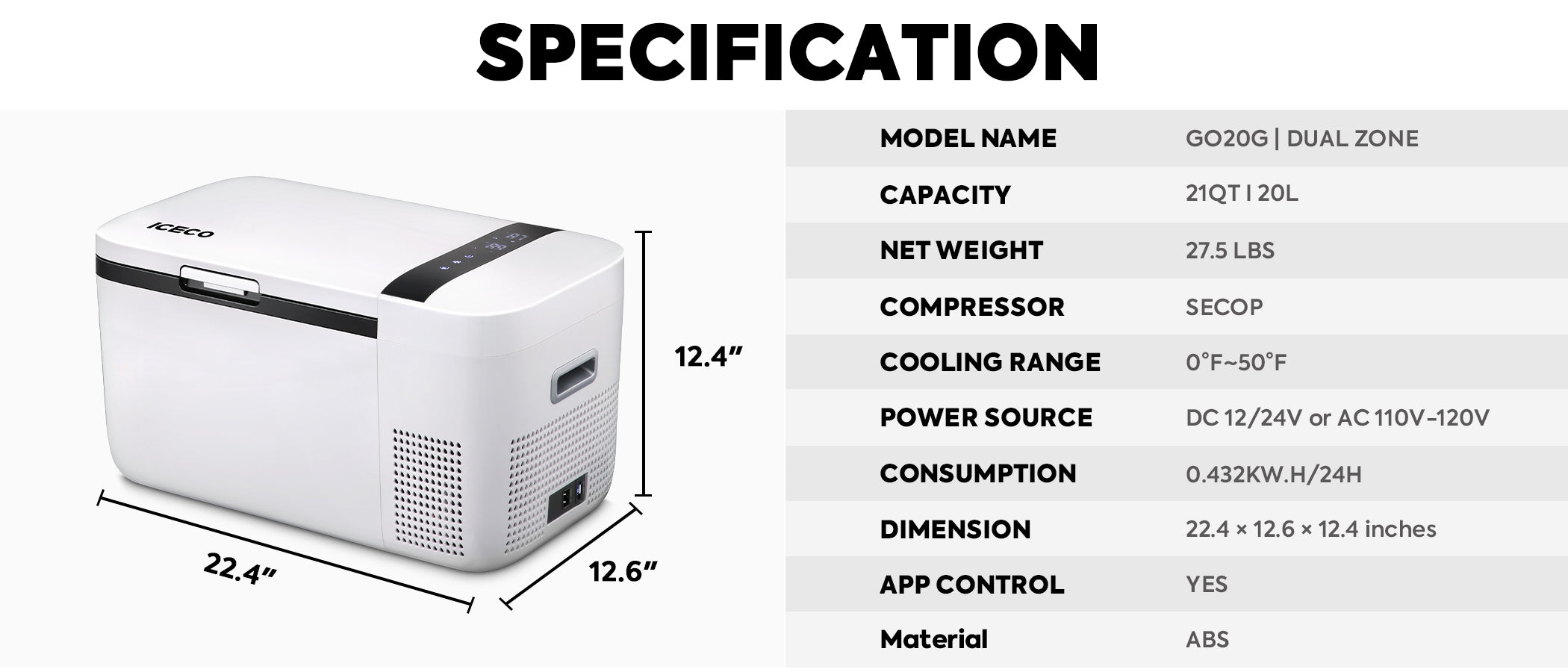Inca Overland Outfitters GO20 Dual Zone 12V Portable Freezer in white, 20-liter capacity with dual zones for versatile cooling.
