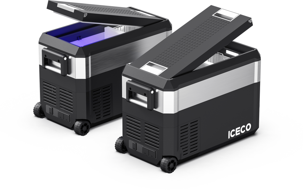 Inca Overland Outfitters JP40 Pro Dual Zone Wheeled Portable Freezer by ICECO, silver 40L capacity with dual cooling zones.