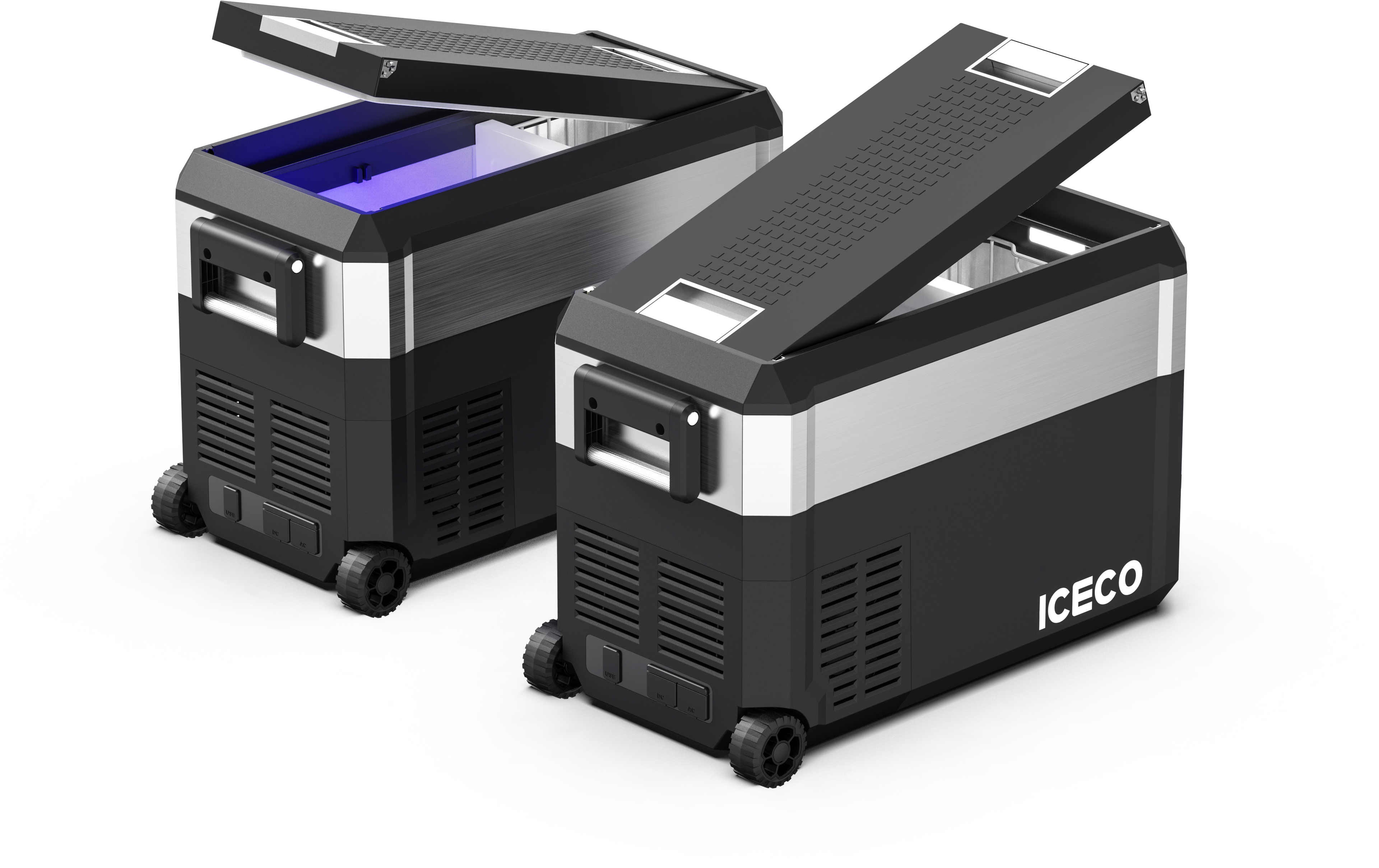 Inca Overland Outfitters JP40 Pro Dual Zone Wheeled Portable Freezer by ICECO, silver 40L capacity with dual cooling zones.
