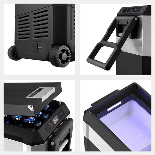 Inca Overland Outfitters JP40 Pro Dual Zone Wheeled Portable Freezer by ICECO, silver 40L, with display and dual zone compartments.