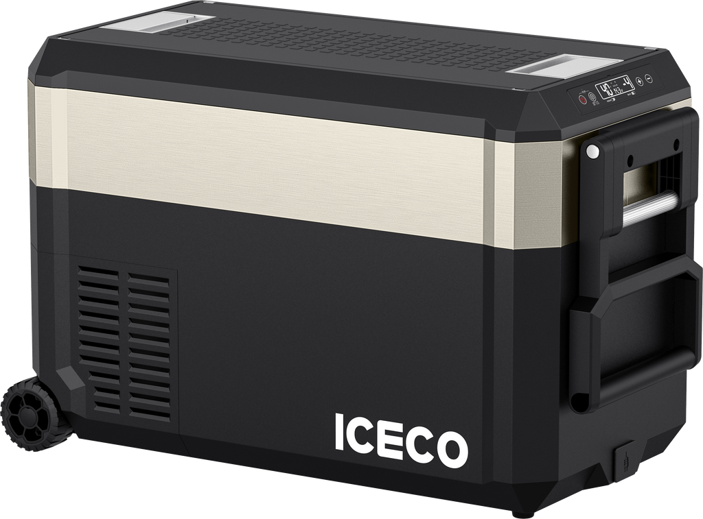 Inca Overland Outfitters JP40 Pro Dual Zone Wheeled Portable Freezer by ICECO, silver 40-liter capacity, compact travel freezer.