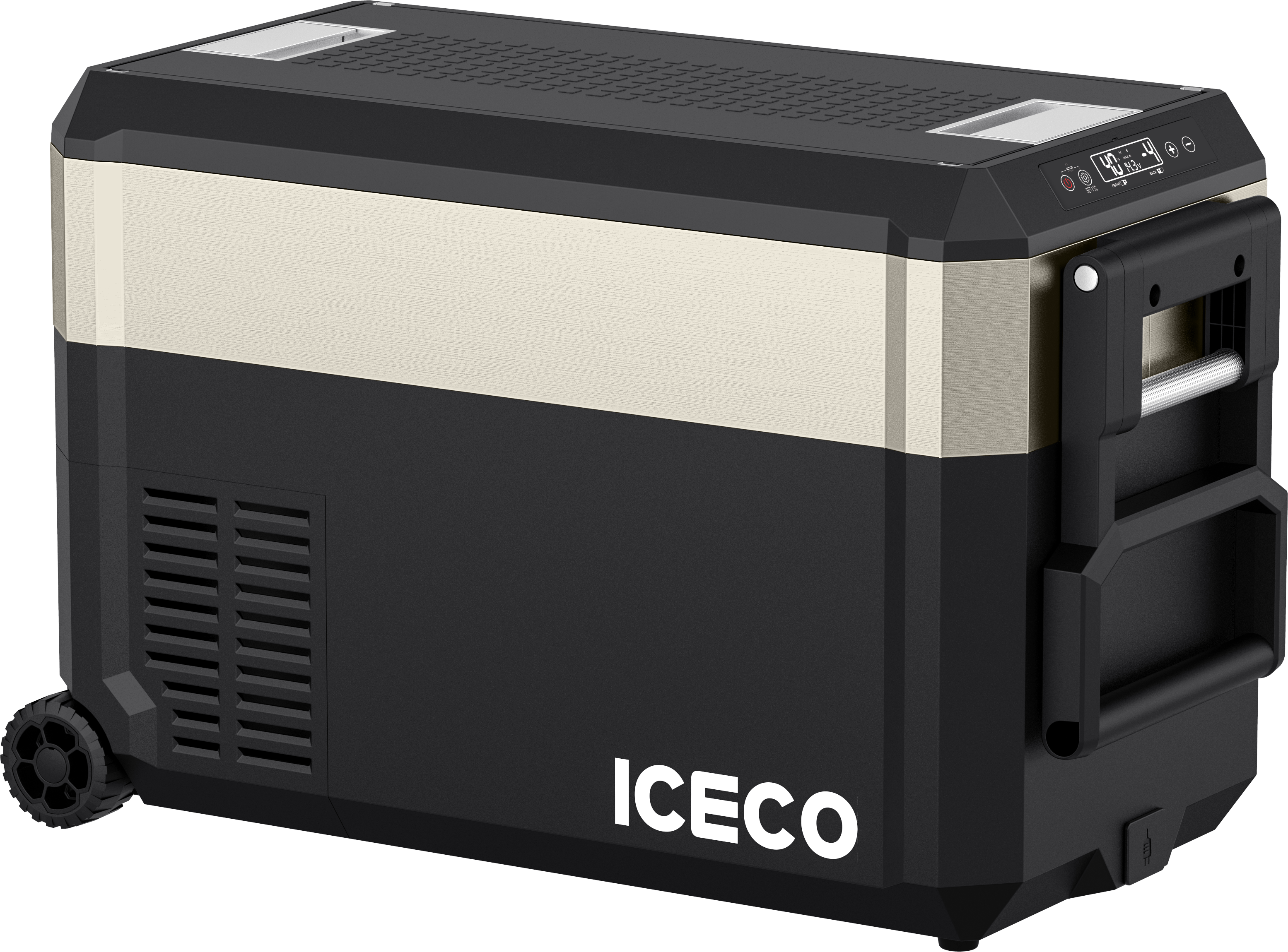 Inca Overland Outfitters JP40 Pro Dual Zone Wheeled Portable Freezer by ICECO, silver 40-liter capacity, compact travel freezer.