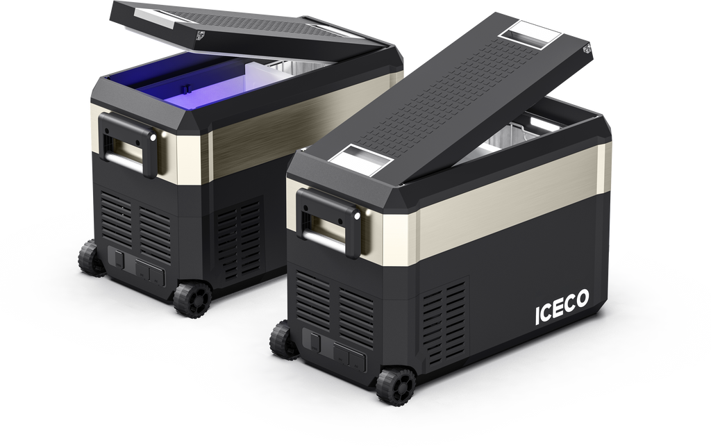Inca Overland JP40 Pro Dual Zone Wheeled Portable Freezer by ICECO, silver 40L, compact for outdoor travel and camping.