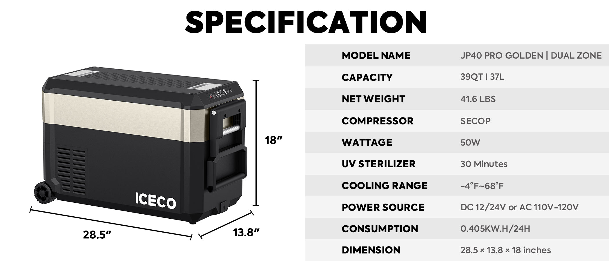 Inca Overland JP40 Pro Dual Zone Wheeled Portable Freezer by ICECO, silver 40-liter capacity with dual temperature zones.