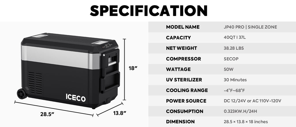 Inca Overland Outfitters JP40 PRO single-zone portable freezer with silver cover, 40L capacity, from ICECO's JP Pro Series.