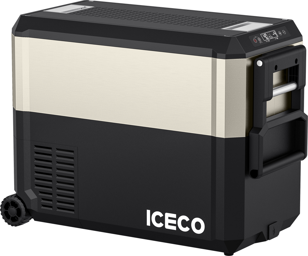 Inca Overland JP50 Pro Dual Zone Wheeled Car Fridge with Cover, 50-liter capacity, silver, from ICECO JP Pro Series.