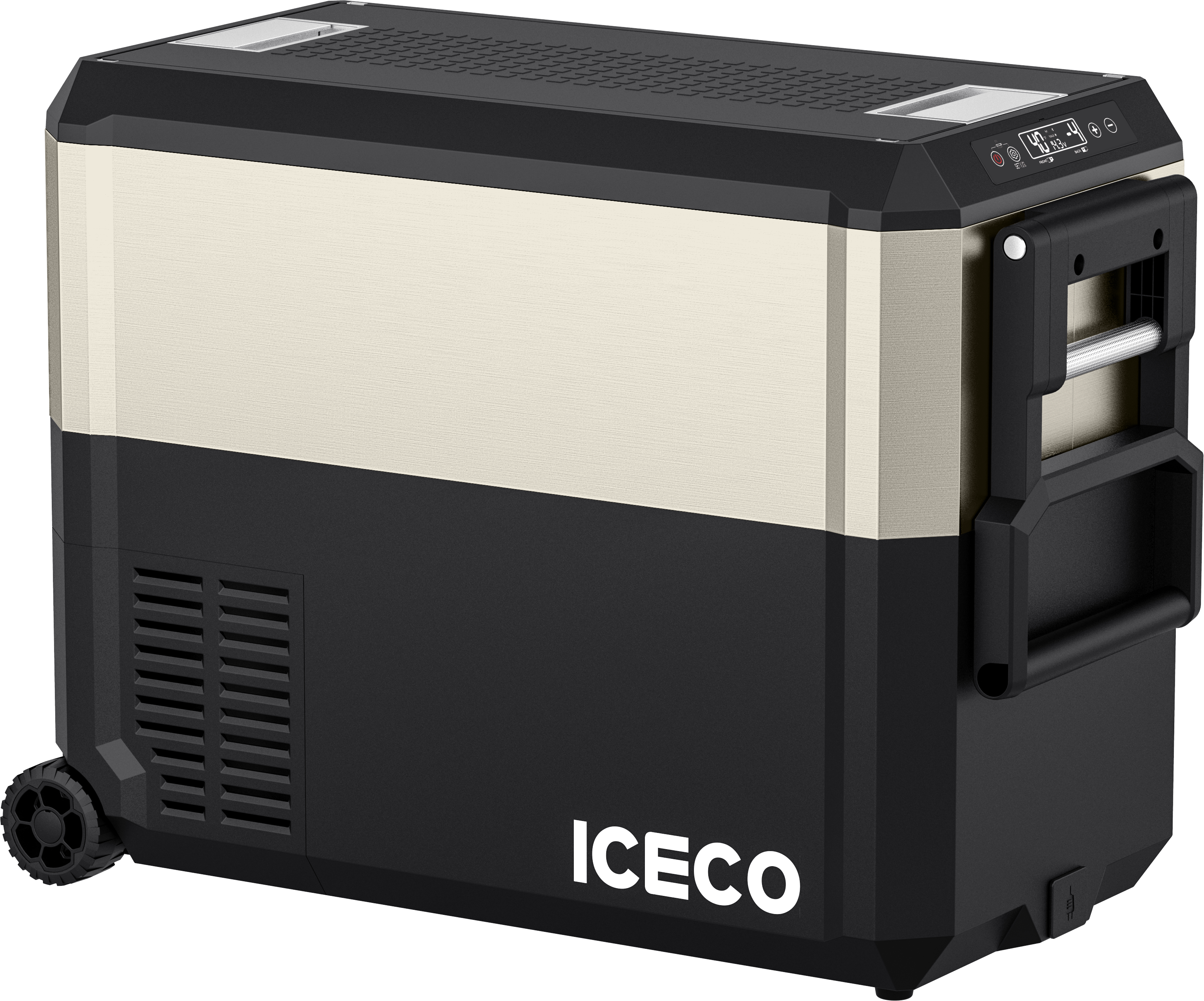 Inca Overland JP50 Pro Dual Zone Wheeled Car Fridge with Cover, 50-liter capacity, silver, from ICECO JP Pro Series.
