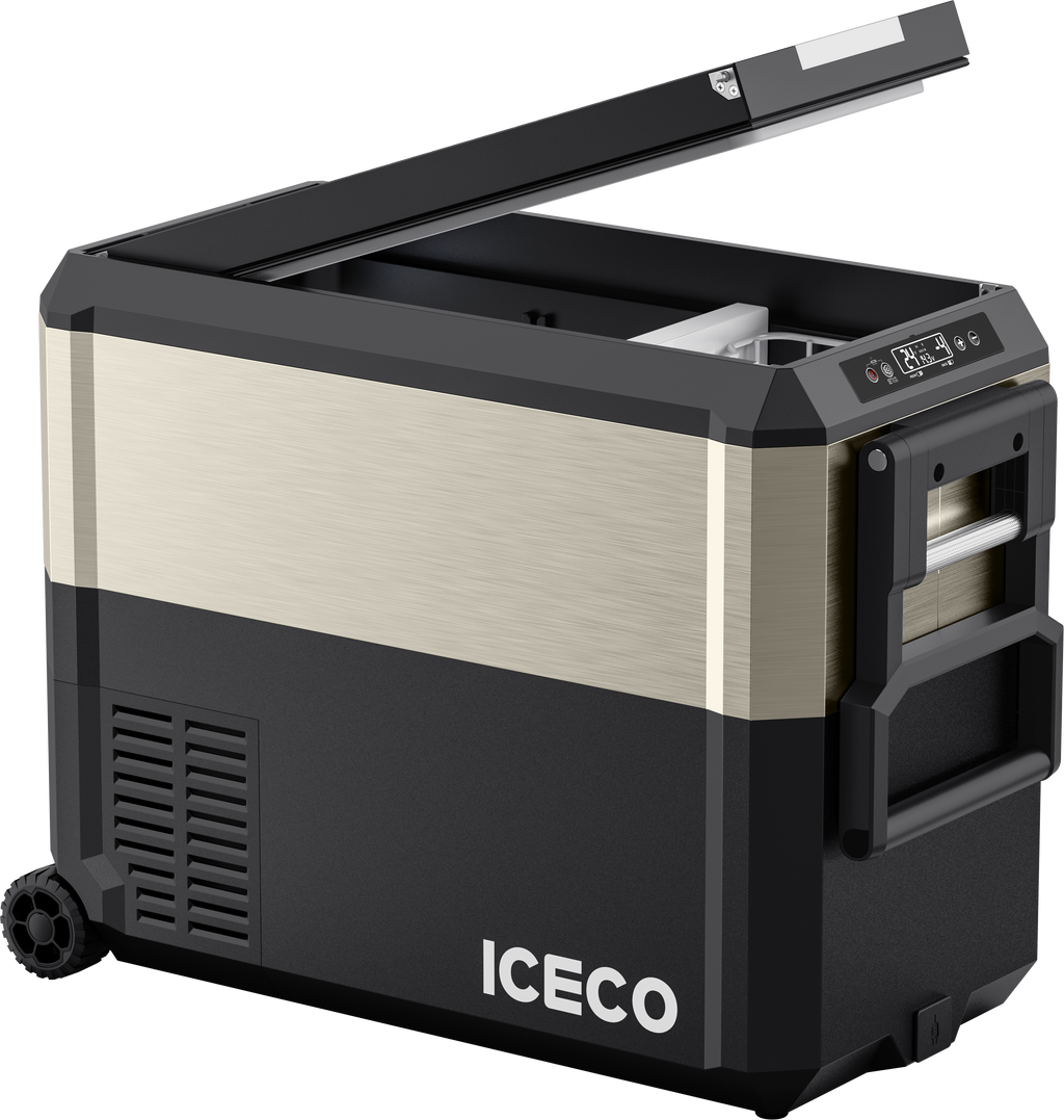 Inca Overland JP50 Pro Dual Zone Wheeled Car Fridge with cover, silver 50-liter capacity, part of ICECO JP Pro Series.