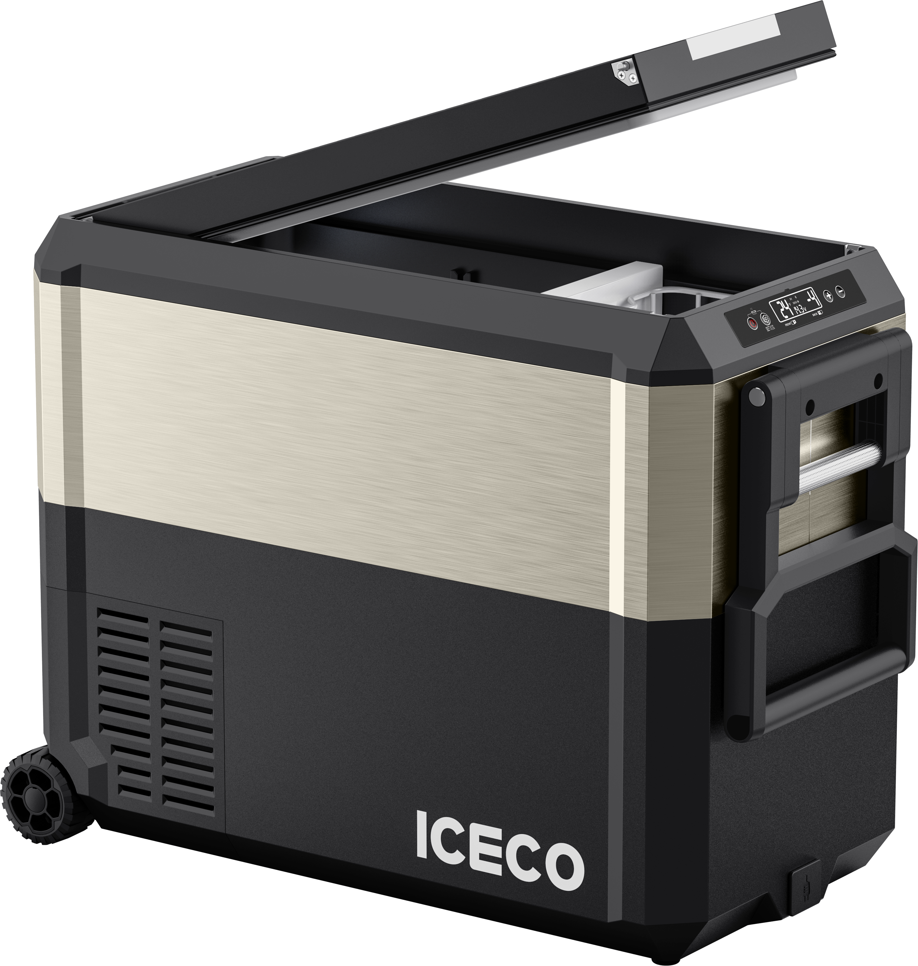 Inca Overland JP50 Pro Dual Zone Wheeled Car Fridge with cover, silver 50-liter capacity, part of ICECO JP Pro Series.