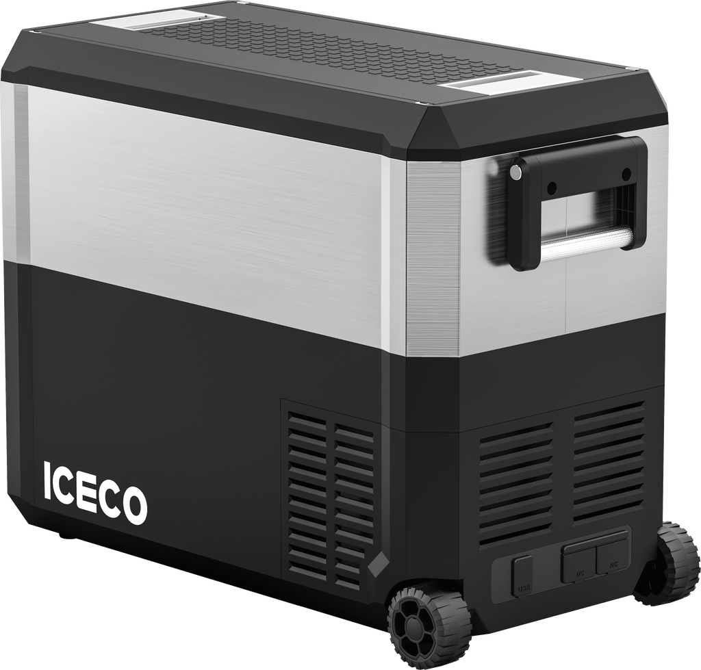 Inca Overland JP50 Pro Dual Zone Wheeled Car Fridge with Cover, 50-liter capacity, silver finish, part of ICECO JP Pro Series.