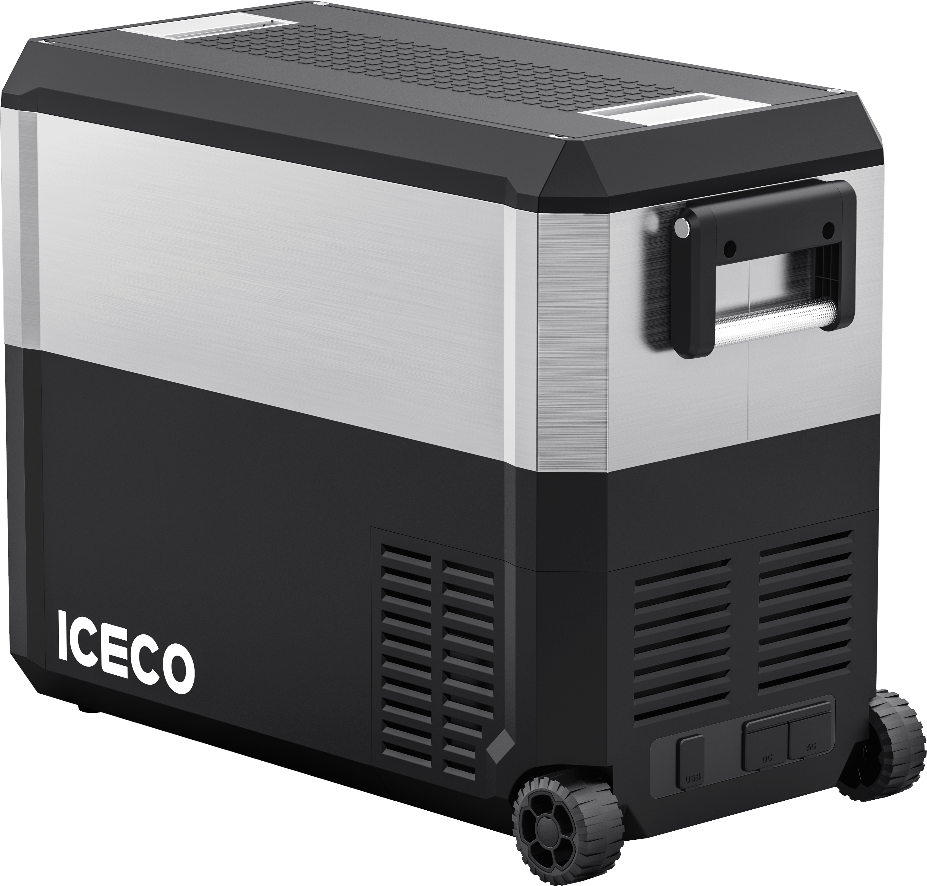 Inca Overland JP50 Pro Dual Zone Wheeled Car Fridge with Cover, 50-liter capacity, silver finish, part of ICECO JP Pro Series.