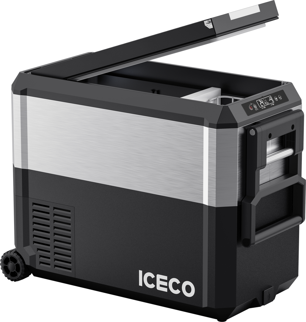 Inca Overland JP50 Pro dual zone wheeled car fridge in silver with cover, 50-liter capacity, part of ICECO JP Pro Series.