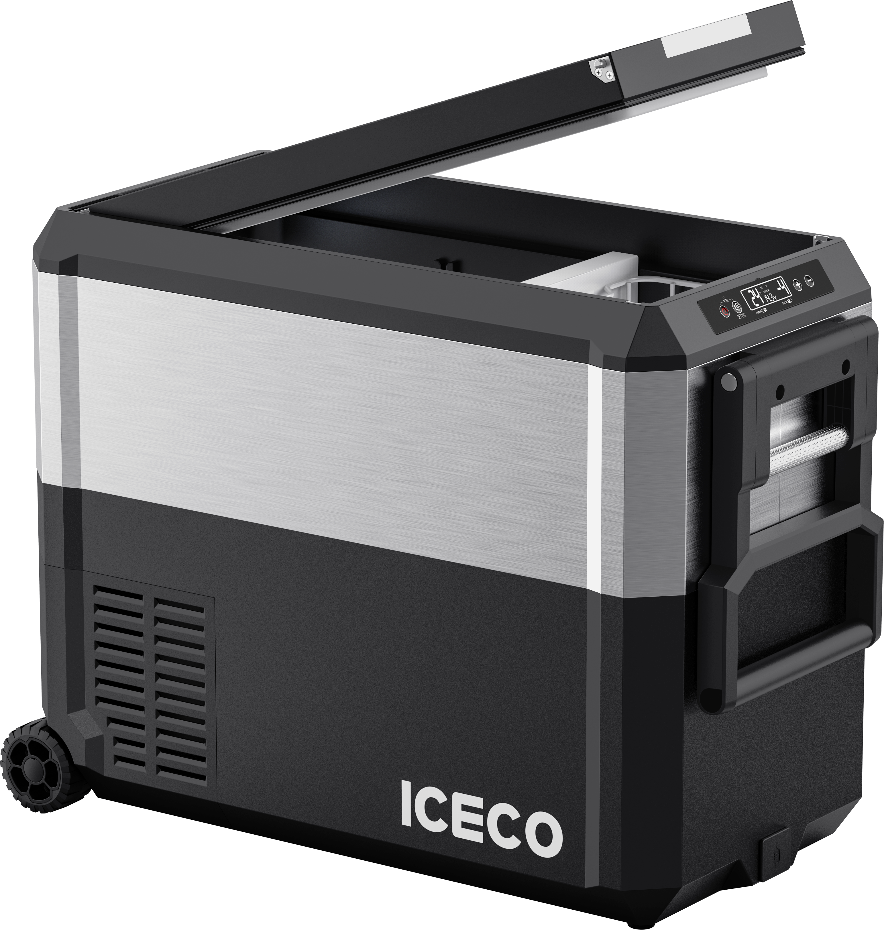 Inca Overland JP50 Pro dual zone wheeled car fridge in silver with cover, 50-liter capacity, part of ICECO JP Pro Series.