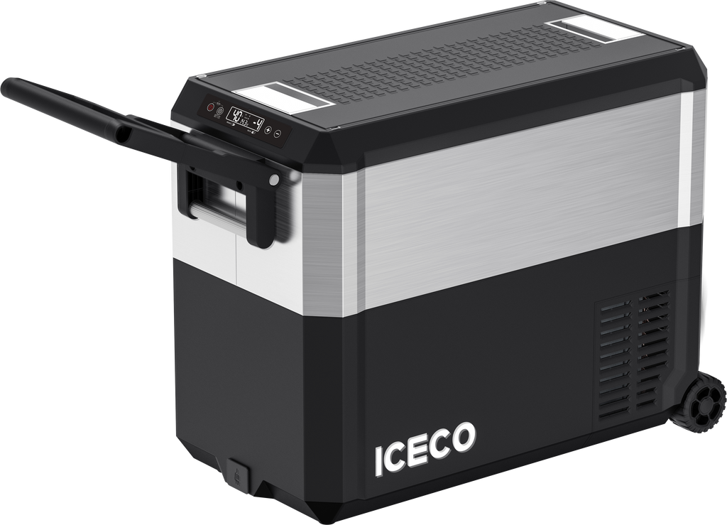 Inca Overland JP50 Pro Dual Zone Wheeled Car Fridge, 50-liter capacity, with cover, part of ICECO’s JP Pro Series, silver finish.