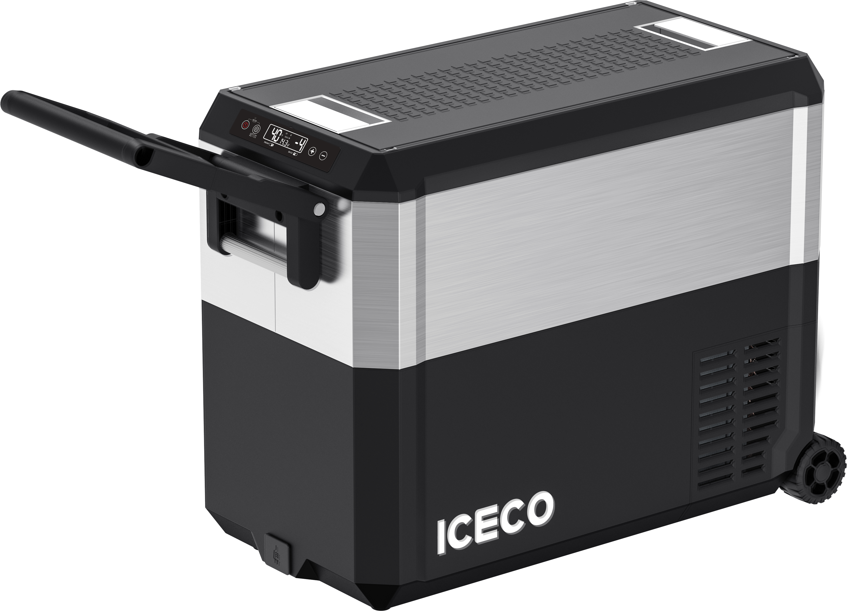 Inca Overland JP50 Pro Dual Zone Wheeled Car Fridge, 50-liter capacity, with cover, part of ICECO’s JP Pro Series, silver finish.