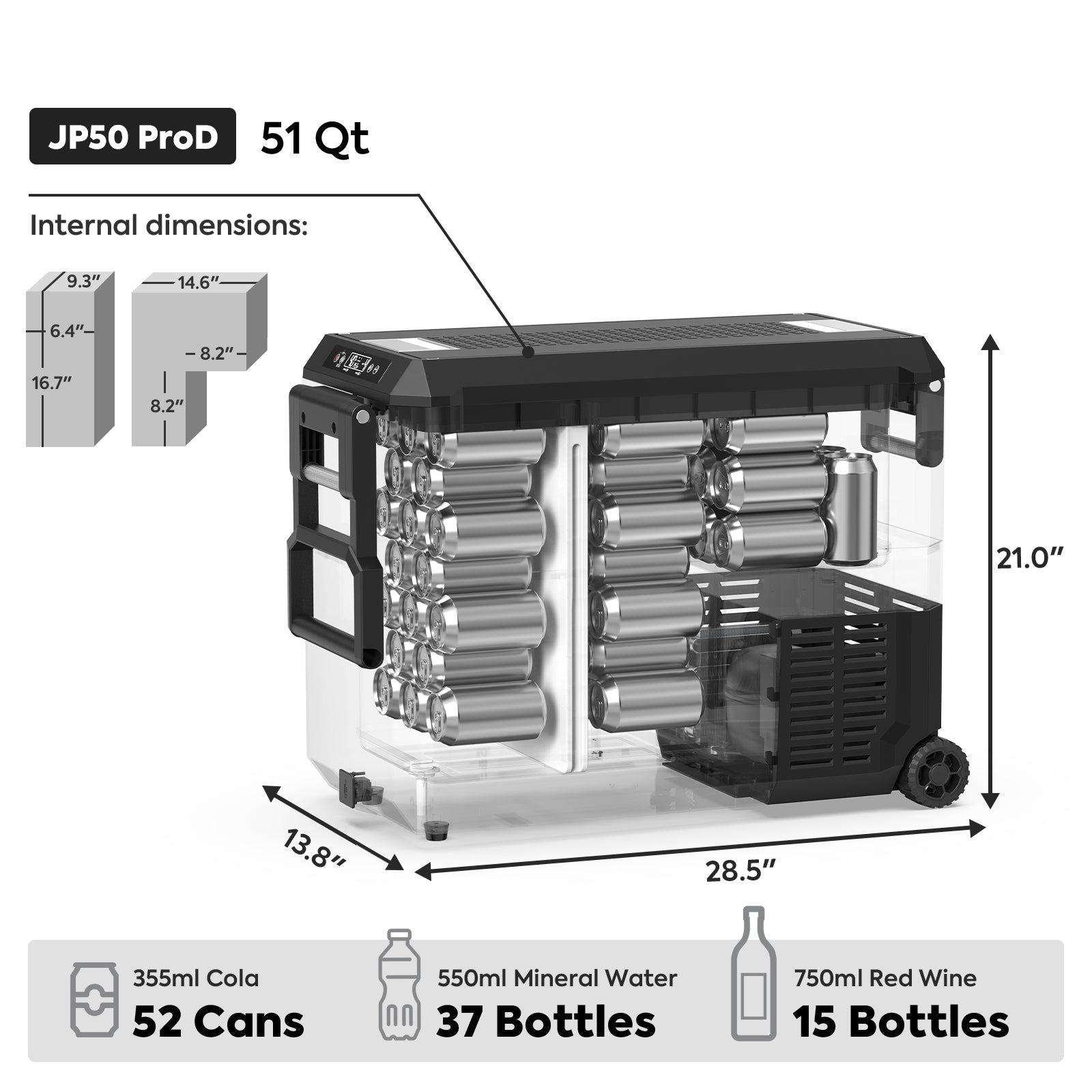 Inca Overland JP50 Pro dual-zone wheeled car fridge with cover, 50-liter capacity, ICECO brand, silver finish, portable for vehicles.