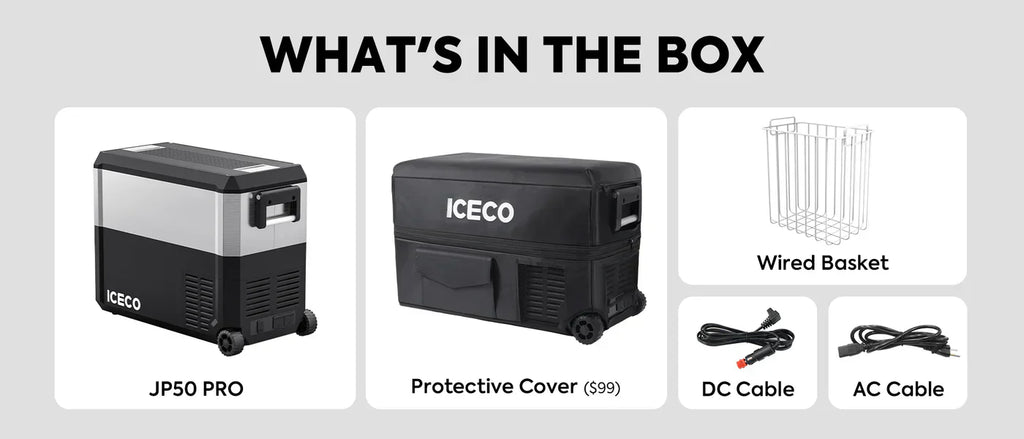 Inca Overland JP50 Pro dual-zone 50L wheeled car fridge with cover, silver finish, from ICECO's JP Pro Series for outdoor travel.