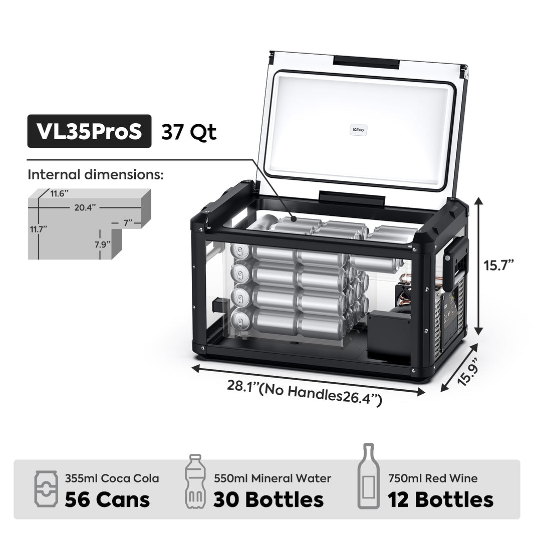 Inca Overland Outfitters VL35ProS portable fridge freezer by ICECO, black 35-liter single-zone compact cooler and freezer in use.