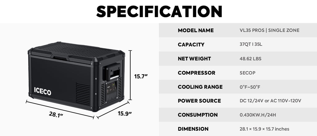 Inca Overland Outfitters VL35ProS portable fridge freezer in black, 35-liter capacity, part of ICECO VL Pro Series.