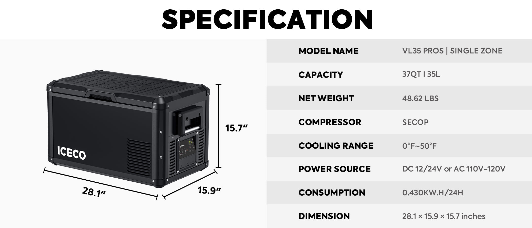 Inca Overland Outfitters VL35ProS portable fridge freezer in black, 35-liter capacity, part of ICECO VL Pro Series.