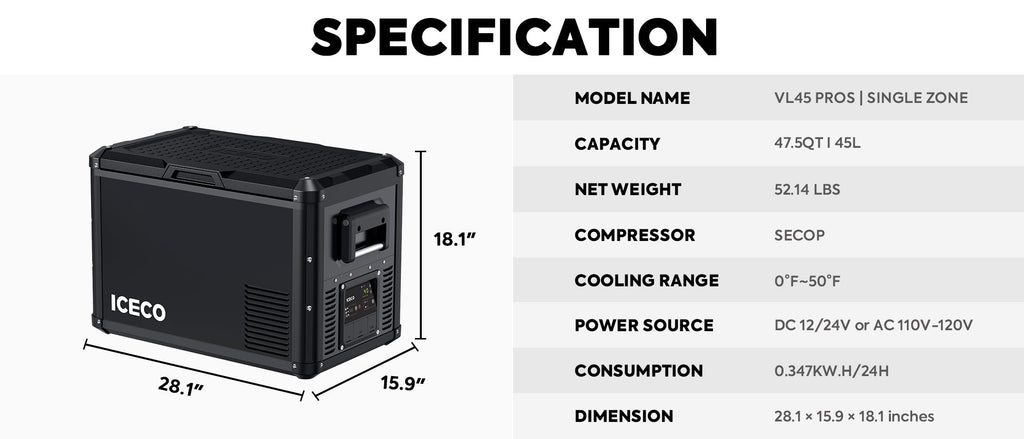 Inca Overland Outfitters VL45ProS single zone portable fridge freezer by ICECO, black 45-liter compact fridge for outdoor use.