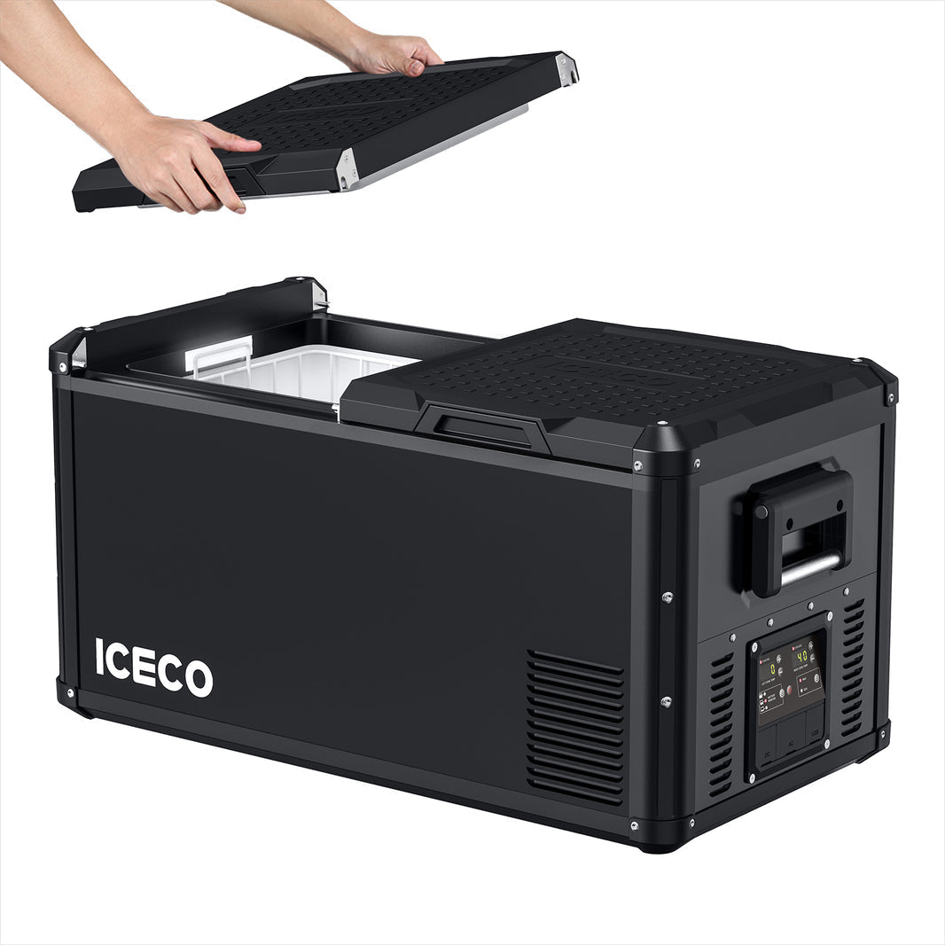 Inca Overland Outfitters VL75ProD 12V Heavy Duty Fridge Freezer from ICECO, black, 75L capacity, in a rugged outdoor setting