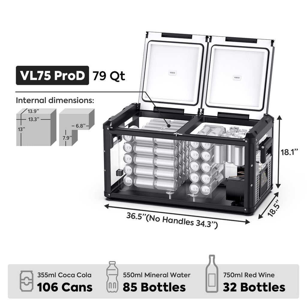 Inca Overland Outfitters VL75ProD 12V Heavy Duty Fridge Freezer from ICECO, black exterior, 75-liter capacity, part of VL Pro Series.