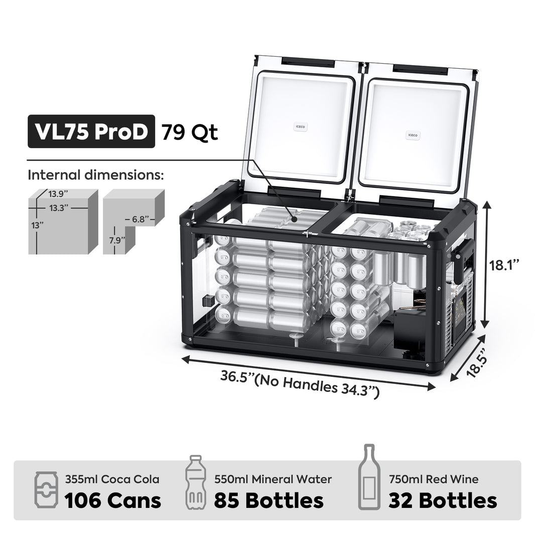 Inca Overland Outfitters VL75ProD 12V Heavy Duty Fridge Freezer from ICECO, black exterior, 75-liter capacity, part of VL Pro Series.