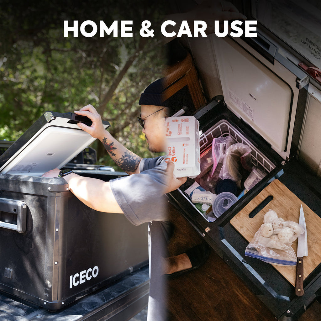 Inca Overland Outfitters VL75ProD 12V Heavy Duty Fridge Freezer from ICECO, black, 75-liter capacity with digital display and sturdy build.