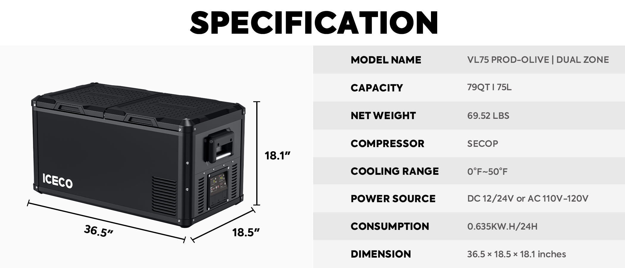 Inca Overland Outfitters VL75ProD 12V Heavy Duty Fridge Freezer from ICECO, black, 75-liter capacity, part of VL Pro Series.
