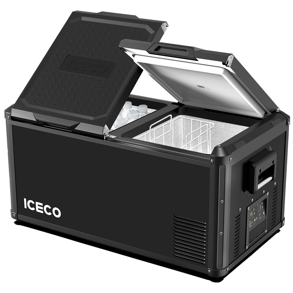 Inca Overland Outfitters VL90ProD dual zone 12V RV fridge cooler by ICECO, black 90-liter portable fridge with digital display