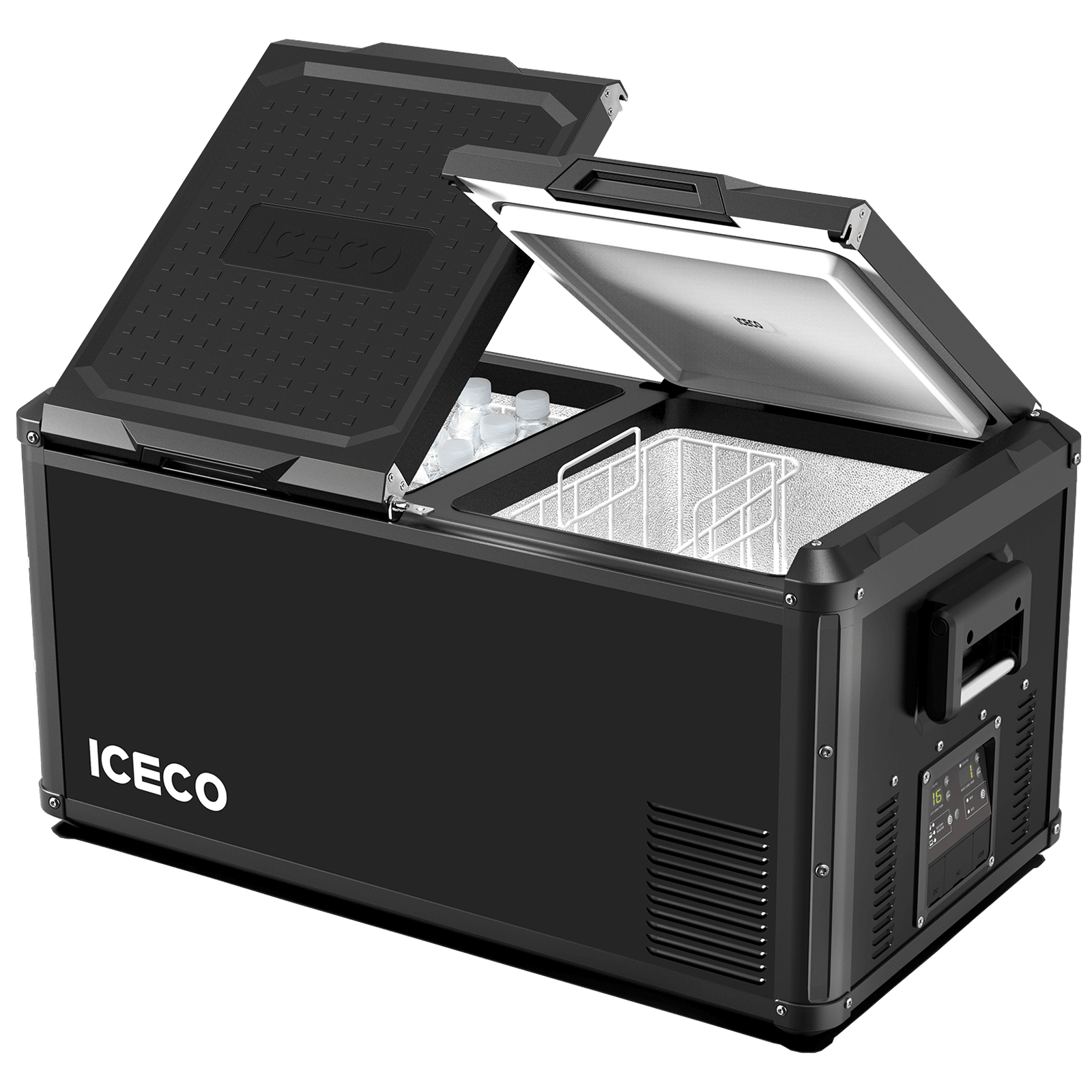 Inca Overland Outfitters VL90ProD dual zone 12V RV fridge cooler by ICECO, black 90-liter portable fridge with digital display