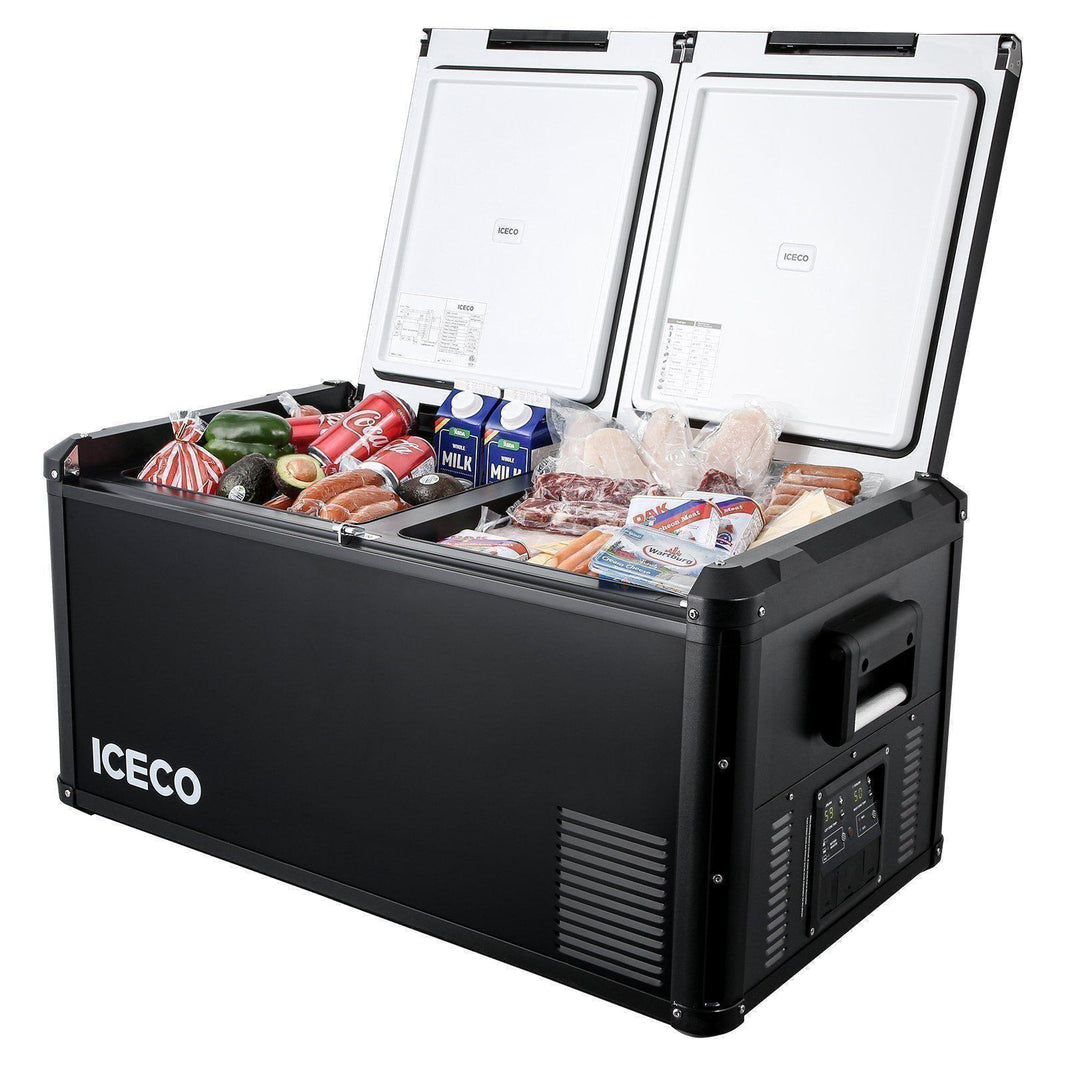 Inca Overland VL90ProD dual zone RV 12V fridge plug-in cooler, black, 90-liter capacity, part of ICECO VL Pro Series.