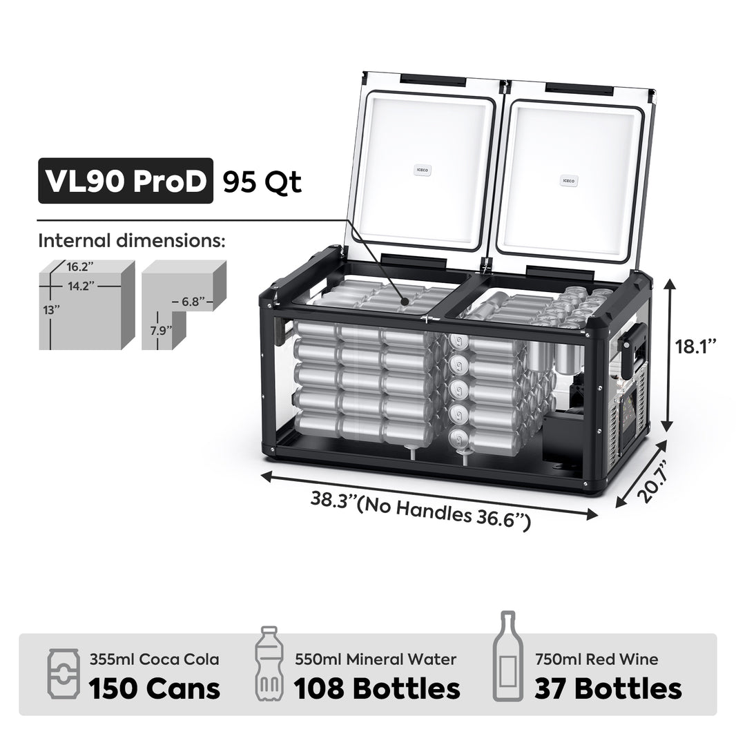 Inca Overland Outfitters VL90ProD dual-zone RV 12V fridge cooler from ICECO, black, 90-liter capacity with digital controls.