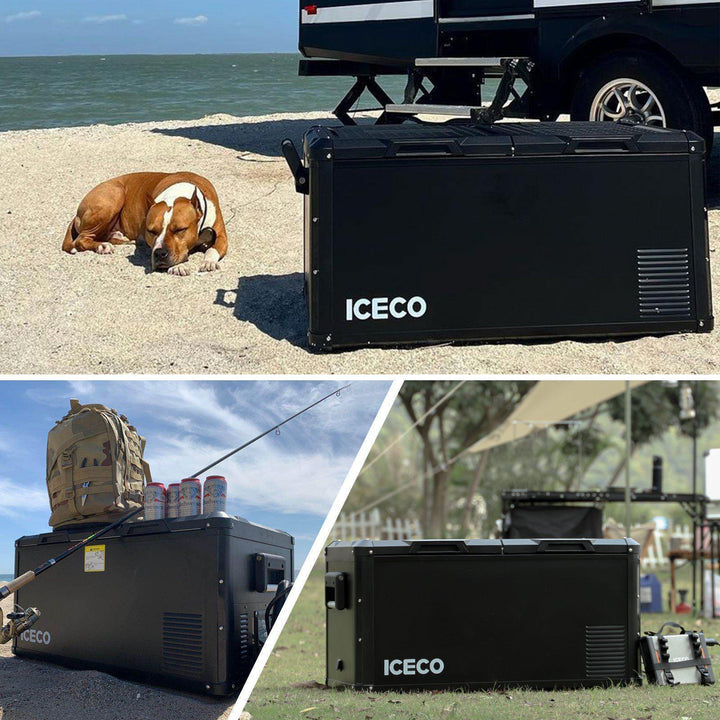 Inca Overland Outfitters VL90ProD dual zone RV 12V fridge cooler, black 90-liter plug-in portable refrigerator from ICECO.