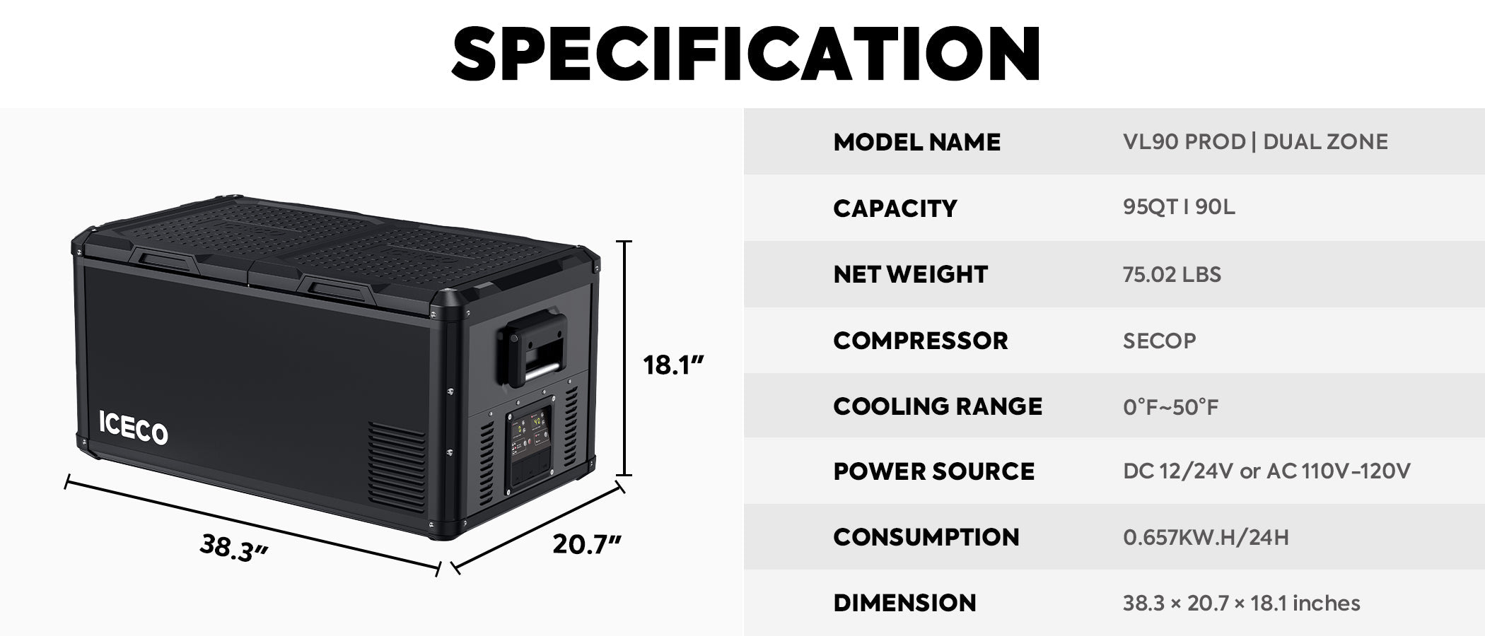 Inca Overland Outfitters VL90ProD dual zone RV 12V fridge cooler by ICECO, black 90-liter portable refrigeration unit with digital controls.